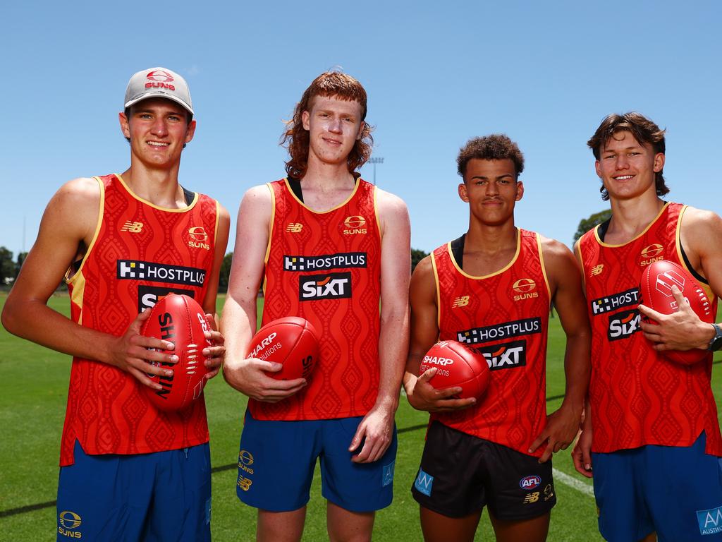 Draftees Asher Eastham, Cooper Bell, Leo Lombard and Lachlan Gulbin. Picture: Chris Hyde/Getty Images