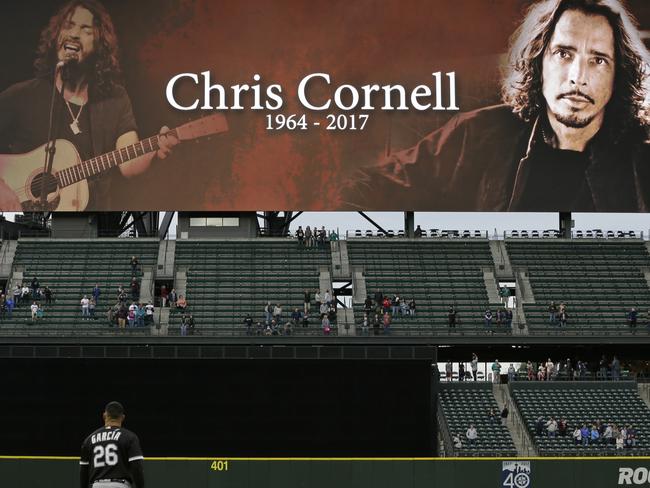 A tribute to singer Chris Cornell is shown on a video display at Safeco Field in Seattle. Picture: AP