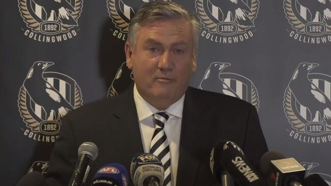 McGuire announcing his resignation as Collingwood Football Club president. Picture: Supplied