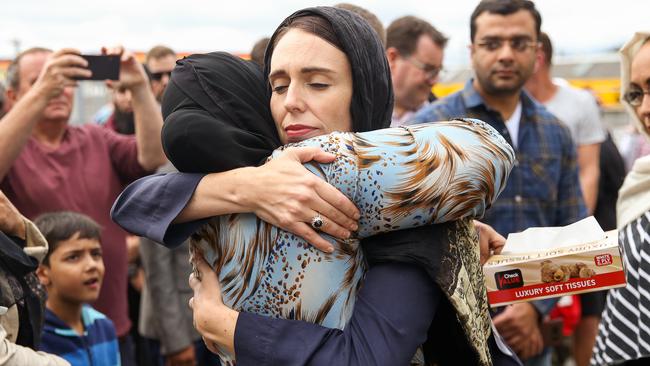 Jacinda Ardern hugs a mosque-goer in 2019. Picture: Getty Images