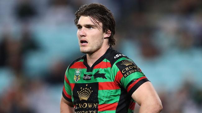 Angus Crichton of the Rabbitohs looks dejected.