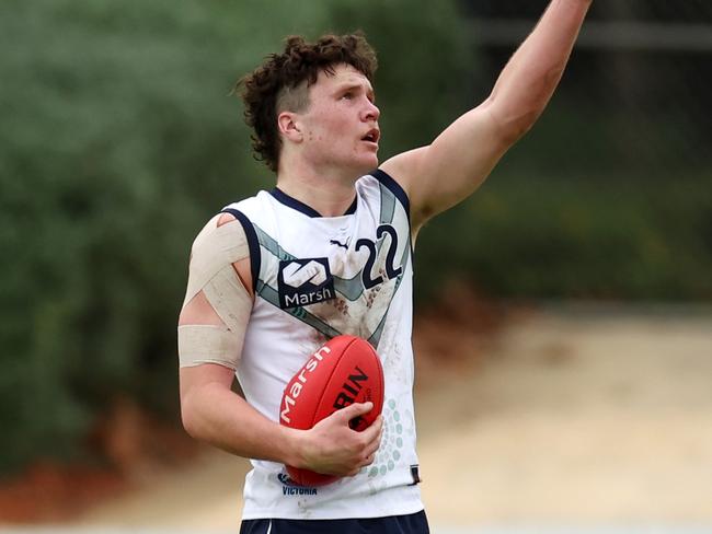 PERTH, AUSTRALIA - JUNE 29: Harvey Langford of VIC Country lines a kick up on goal during the Marsh AFL National Championships match between U18 Boys Western Australia and Victoria Country at Revo Fitness Stadium on June 29, 2024 in Perth, Australia. (Photo by Will Russell/AFL Photos/via Getty Images)