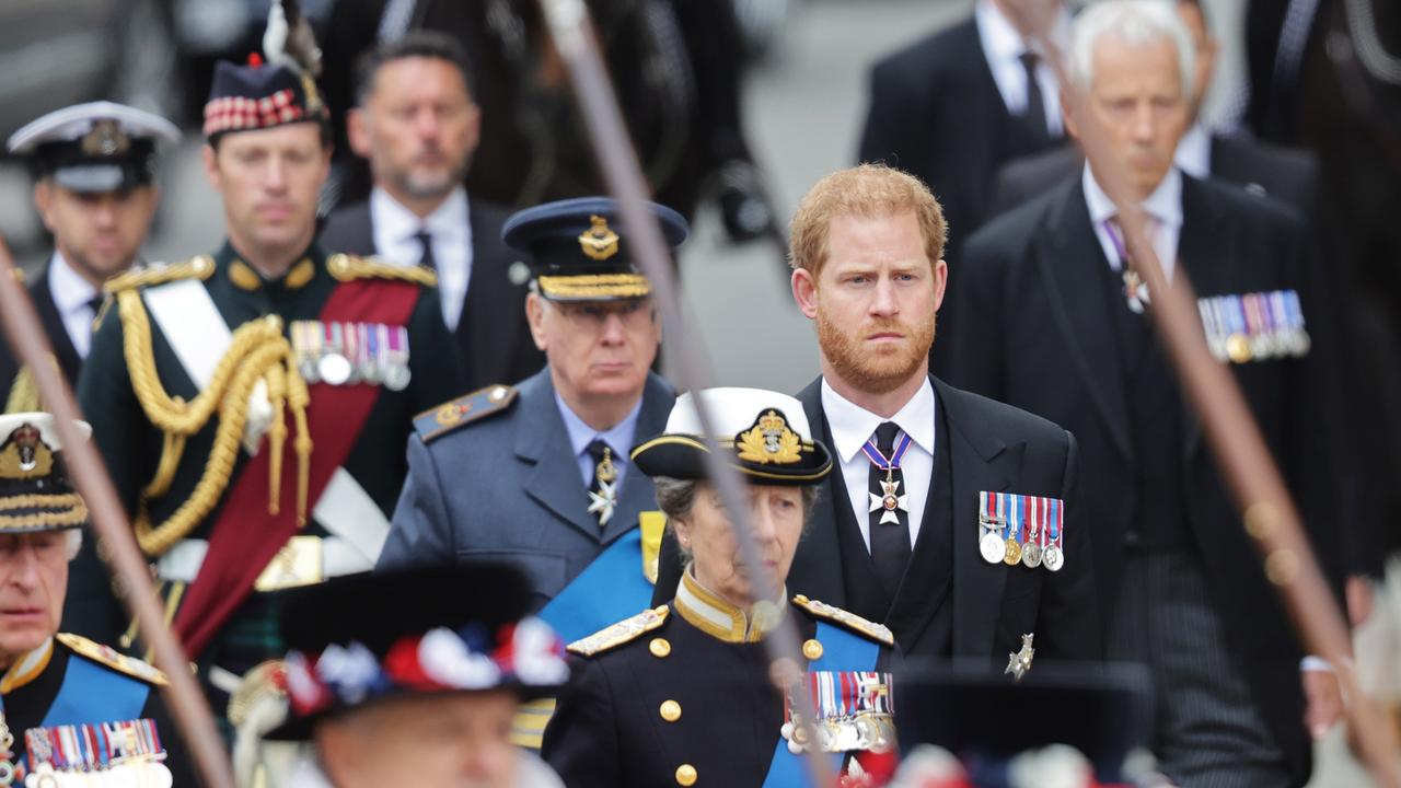 Prince Richard, Duke of Gloucester, Anne, Princess Royal and Prince Harry, Duke of Sussex arrive at Westminster Abbey for the State Funeral of Queen Elizabeth II.