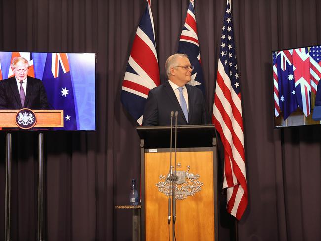 CANBERRA, AUSTRALIA NewsWire Photos - SEPTEMBER 16, 2021: Australian Prime Minister Scott Morrison spoke with the President of the United States Joe Biden and the Prime Minister of the United Kingdom Boris Johnson when they announced the creation of an enhanced trilateral security partnership called AUKUS alliance  the United Kingdom, and the United States, via video conference, in Parliament House Canberra.Picture: Newswire/Gary Ramage