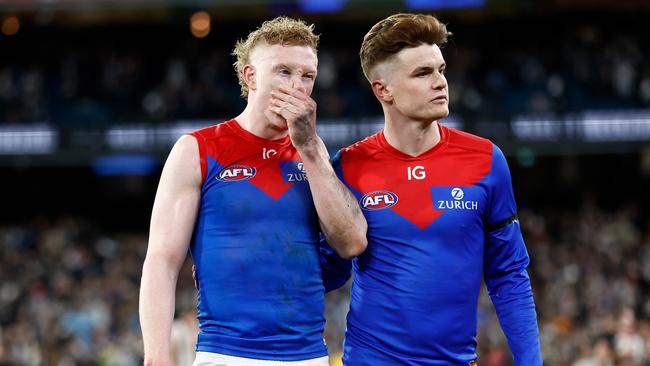 Clayton Oliver with teammate Bayley Fritsch after the Demons’ loss to Collingwood. Picture: Michael Willson/AFL Photos via Getty Images