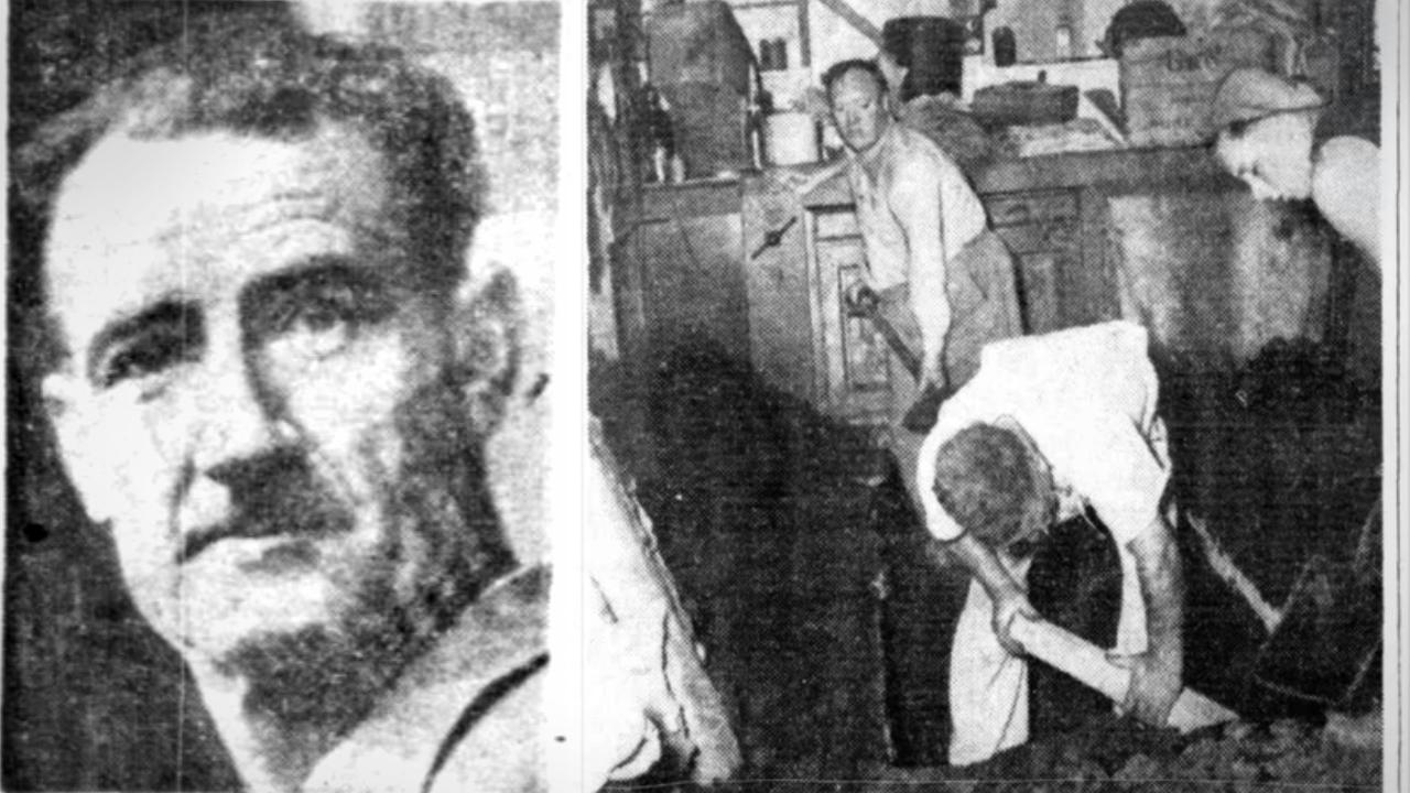 Murder suspect Edward Scully, and digging works in the garage of his Frankston home in the search for his missing wife. Pictures: Trove