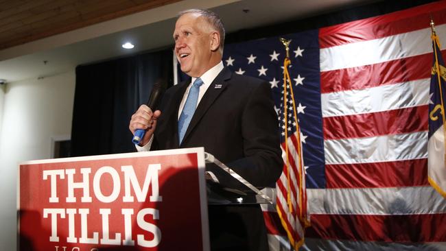 Senator Thom Tillis addresses supporters as he celebrates winning his bid for re-election in North Carolina. Picture: AFP.