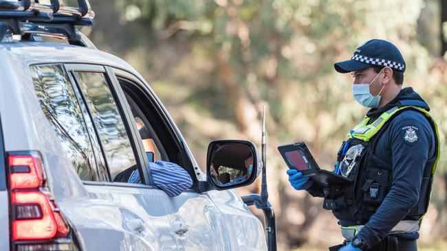 Police have ramped up enforcement efforts along the Victorian-NSW border in an attempt to stop the Delta strain entering the state. Picture: Simon Dallinger