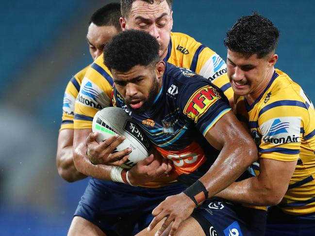 Kallum Watkins in action for the Titans against Parramatta at Cbus Super Stadium on Sunday. Picture: Chris Hyde/Getty Images