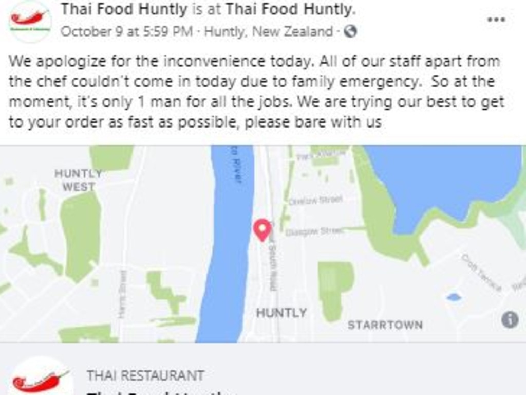 On the night, the restaurant apologised on social media, explaining they only had one staff member available to work. Picture: Facebook/ThaiFoodHuntly