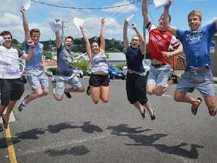 NEW ADVENTURE: Gympie region students celebrate their university offers (from left) James Nash High School graduates Callum Sprott, Brendan Boyd and Hudson Meads, Victory College graduate Lainie Zischke and St Patrick’s College graduates Hollier O’Neill, Henry Fredman and Tom Leis. Photo: Greg Miller. Picture: Greg Miller