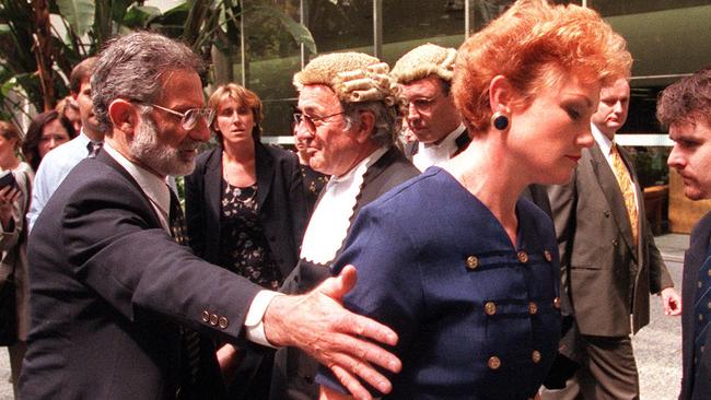 Defamation lawsuit ... Pauline Hanson leaving court after winning an injunction against Triple J for playing Backdoor Man.