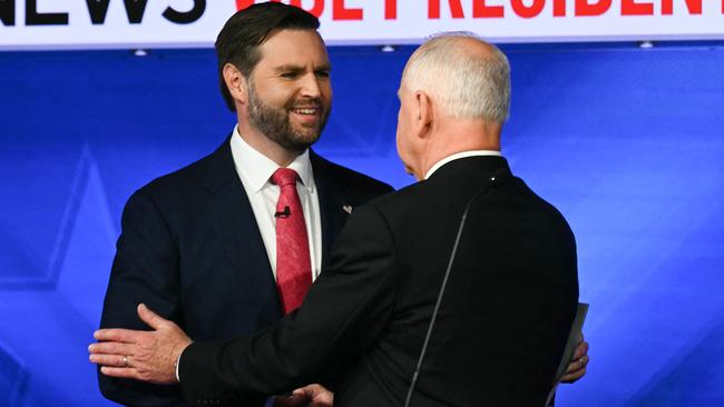 US senator and Republican vice-presidential candidate JD Vance and Minnesota governor and Democratic vice-presidential candidate Tim Walz shake hands at the end of their debate. Picture: AFP