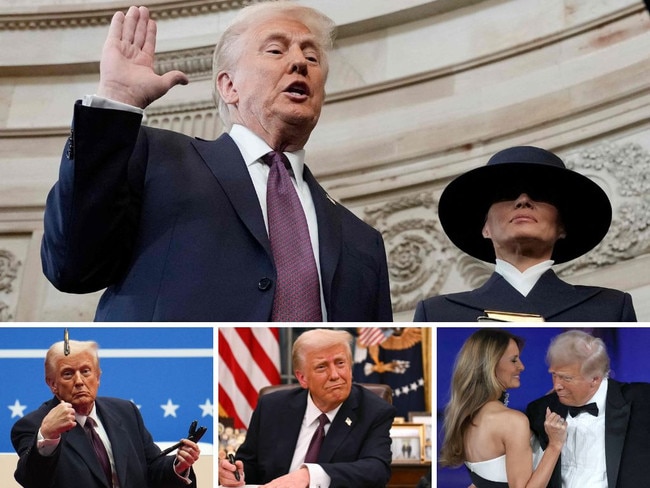 Clockwise from main: Donald Trump is sworn in as the 47th president of the United States as Melania Trump holds the Bible;dancing with the first lady at an inaugural ball; back in the Oval Office; and handing out pens.