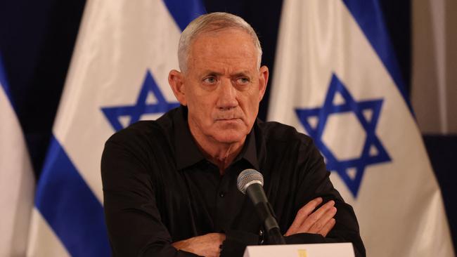 War cabinet minister Benny Gantz attends a press conference in the Kirya military base in Tel Aviv. Picture: Pool/AFP