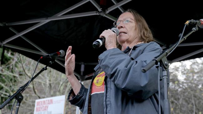 Tasmanian Aboriginal Centre CEO Heather Sculthorpe speaking at the Mountain May Day anti-cable car rally in May. Picture: PATRICK GEE