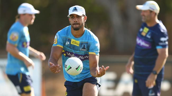 GOLD COAST, AUSTRALIA - APRIL 19: Alofiana Khan-Pereira during a Gold Coast Titans NRL training session at IKON High Performance Centre on April 19, 2023 in Gold Coast, Australia. (Photo by Chris Hyde/Getty Images)