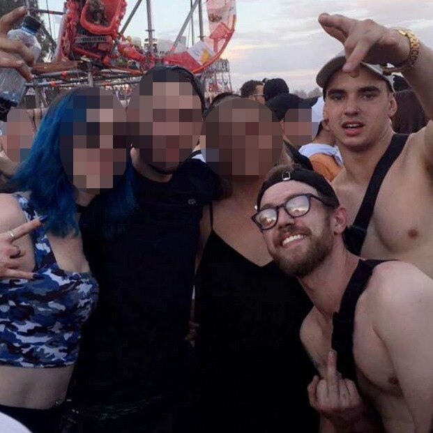 Liam Anderson (bottom right with glasses) at Defqon1 with mate Mathew Flame (top right) and other friends. Picture: Instagram