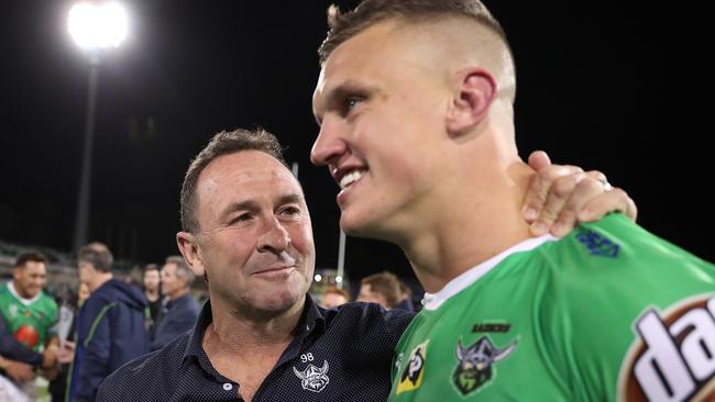 Canberra coach Ricky Stuart with Canberra's Jack Wighton after the Canberra Raiders v South Sydney Preliminary NRL Final at GIO Stadium, Canberra.