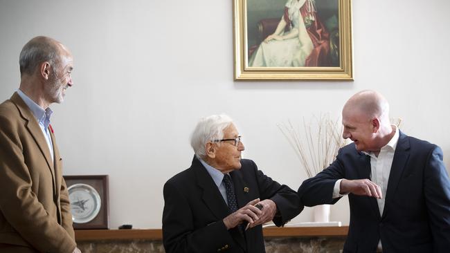 Commemorative medallion presentation to Brian Winspear (WW2 RAAF veteran)/75th anniversary of Victory in the Pacific Day with Guy Barnett MP and Tasmanian Premier Peter Gutwein at the RAAF Association Building, Hobart. Picture Chris Kidd