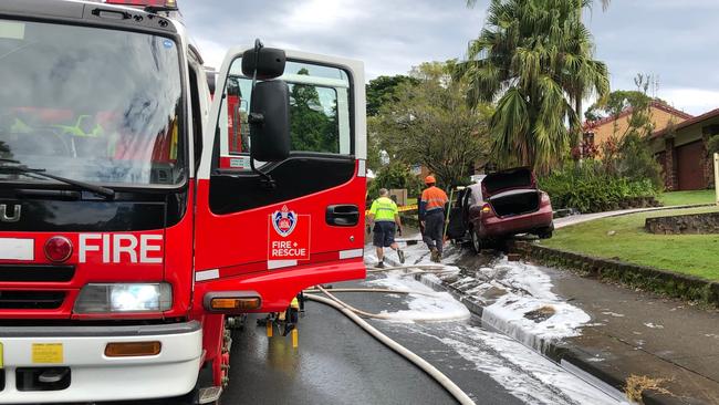 CAR FIRE: Firefighters from Fire &amp; Rescue Goonellabah extinguished a car fire after it struck an electrical kiosk in Oliver Ave, Goonellabah. when trying to avoid another vehicle exiting a premises. Photo: Fire &amp; Rescue Goonellabah, Jody Hinds