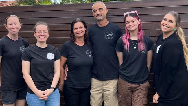 A woman’s love for coffee and childhood nostalgic has lead to the revival of a decade old Bowen region cafe, securing the title of the region’s best cafe. Pictured: L-R Jessica Cooke, Kaileigh Cora, Tania Mairhofer, Marcus Mairhofer, Kyla Mairhofer and Bethany Surman.