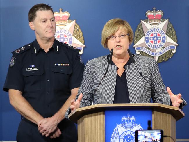 Victorian Police Minister Lisa Neville and acting Chief Commissioner of Police Shane Patton faced the media on African youth crime in Melbourne. Picture: AAP Image/David Crosling