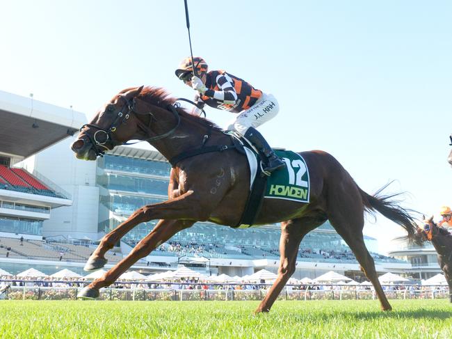 Southport Tycoon ridden by Jamie Kah wins the Howden Australian Guineas at Flemington Racecourse on March 02, 2024 in Flemington, Australia. (Photo by Brett Holburt/Racing Photos via Getty Images)