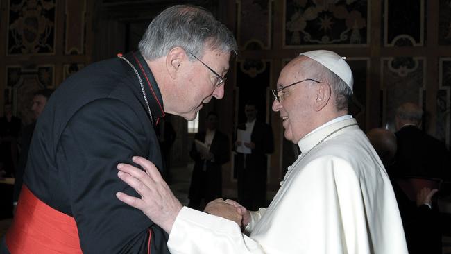 George Pell meets with Pope Francis during a Papal Audience with Cardinals.