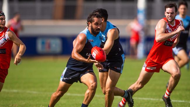 NTFL elimination final: Waratah v Darwin Buffaloes at TIO Stadium. Jarrod Stokes with a run with the footy.Photograph: Che Chorley