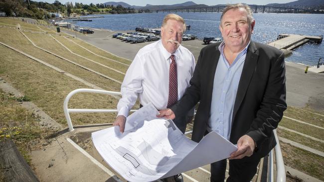 $2.3 billion precinct-scale urban renewal project, including roofed AFL stadium, for Hobart. Stakeholder relations Paul Lennon and Managing Director of Stadia Precinct Consortia Dean Coleman at Macquarie Point. Picture: Chris Kidd