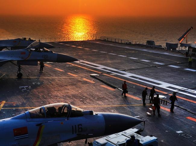 Chinese F-15 “Flying Shark” fighters on the deck of the aircraft carrier Liaoning. (military.cnr.cn/PLA)