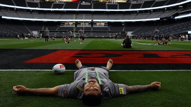 DAILY TELEGRAPH FEBRUARY 28, Panthers Moses Leota getting a feel for the ground during their walk through of Allegiant Stadium in Las Vegas. Picture: Jonathan Ng