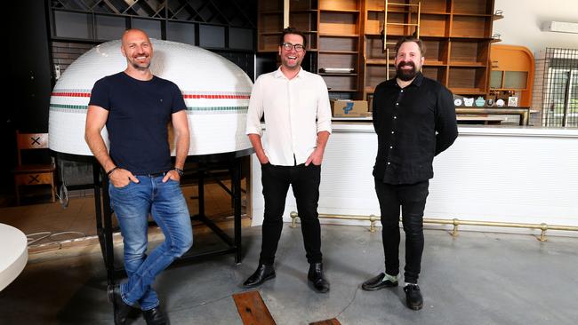 Marc Kimmich, James Griffiths and Stuart Smith at their new restaurant and bar Italia Lane in Fortitude Valley. Picture: David Clark