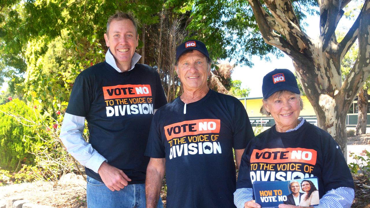 LNP Member for Groom Garth Hamilton (left) campaigning for the ‘no’ case in Toowoomba with volunteers Denis Sandrin and Beverly Bates. Picture: Michael Nolan