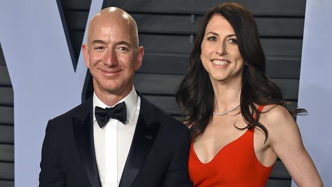 Jeff Bezos and wife MacKenzie Bezos arrive at the Vanity Fair Oscar Party in Beverly Hills. Picture: AP.