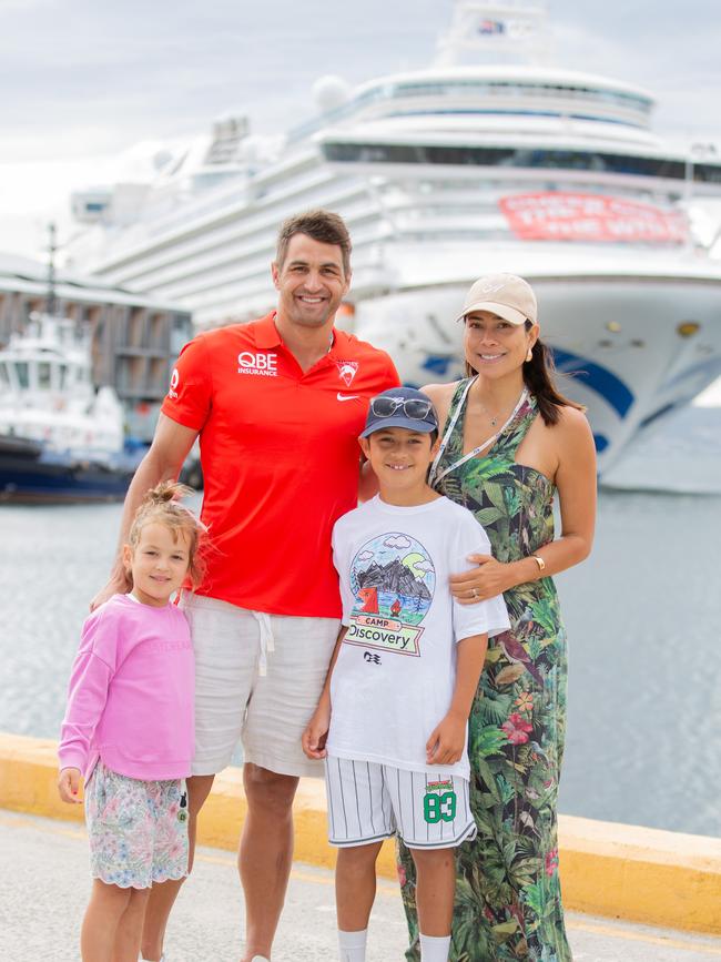 Former Sydney Swans captain and player Josh Kennedy arrives in Hobart with his wife Isabelle and children Ana and Emilio on board the Sydney Swans Princess Cruises Crown Princess. Picture: Linda Higginson