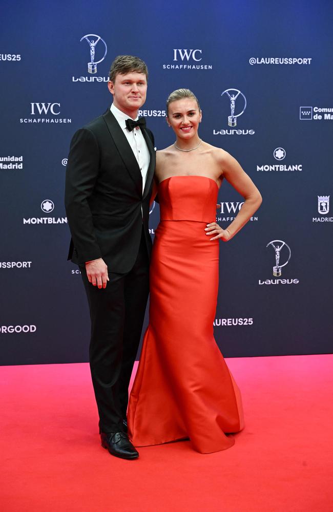 Australian swimmer Ariarne Titmus (R) poses on the Red Carpet ahead of the 26th Laureus World Sports Awards gala in Madrid on April 21, 2025. (Photo by JAVIER SORIANO / AFP)