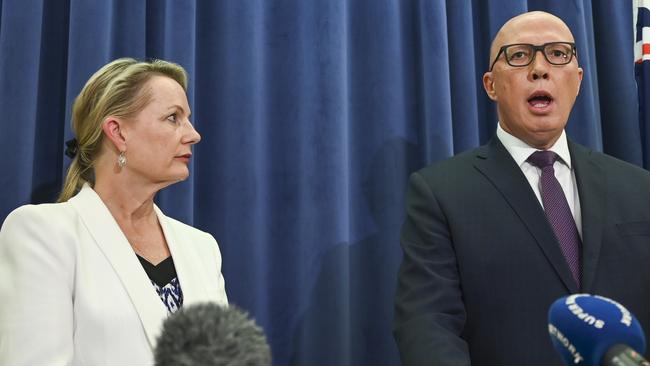 Opposition Leader Peter Dutton, supported by Deputy leader Sussan Ley, tells the media federal Liberal MPs will campaign for a “no” vote in the referendum to enshrine an Indigenous Voice to parliament in the Constitution. Picture: NCA NewsWire/Martin Ollman