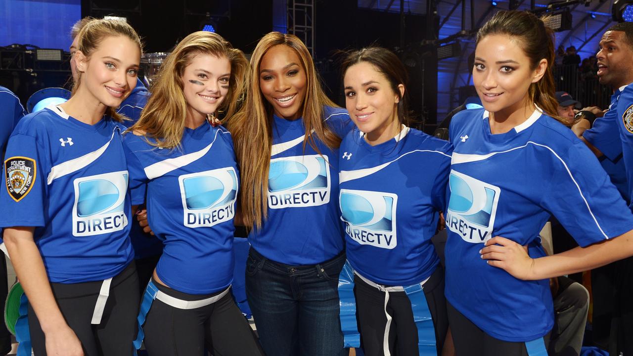 Hannah Davis, Nina Agdal, Serena Williams, Meghan Markle and Shay Mitchell participate in the DirecTV Beach Bowl in 2014.