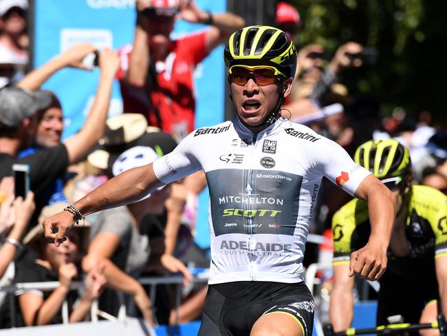 Australian rider Caleb Ewan of team Mitchelton-Scott celebrates winning stage two of the Tour Down Under from Unley to Stirling, South Australia, Wednesday, January 17, 2018. (AAP Image/Dan Peled) NO ARCHIVING, EDITORIAL USE ONLY