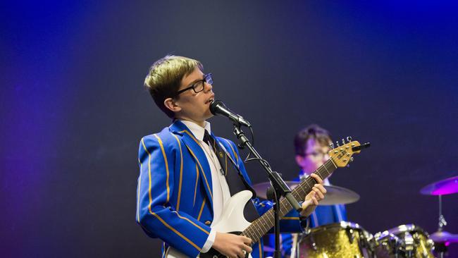 Charlie Aarons on stage getting ready for Toowoomba Grammar School's Welcome Back concert.