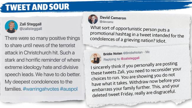 The tweet from Zali Steggall and responses from her ex-husband and his current wife.