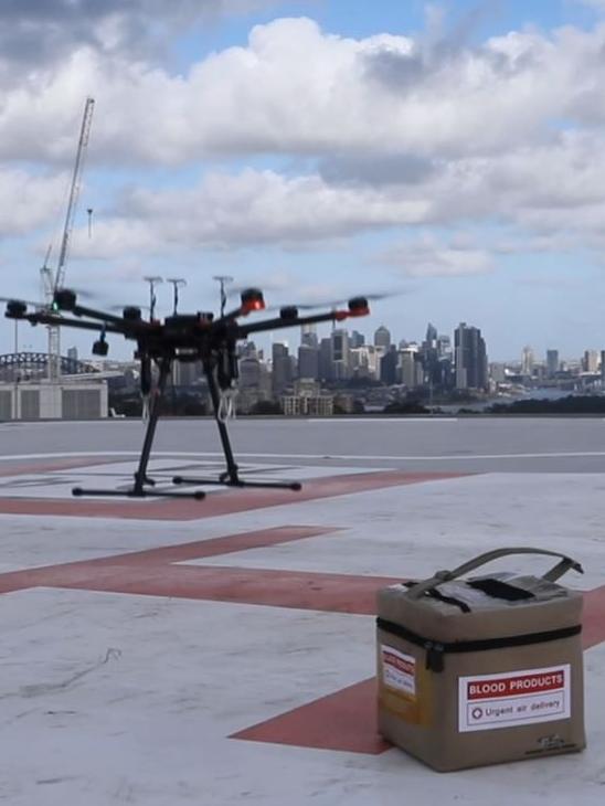 The drone in action landing in preparation to pick up an emergency blood delivery. Picture: Supplied