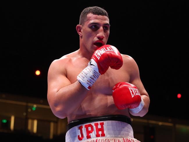 RIYADH, SAUDI ARABIA - MARCH 08: Justis Huni looks on during the WBO Global Heavyweight Title fight between Justis Huni and Kevin Lerena on the Knockout Chaos boxing card at the Kingdom Arena on March 08, 2024 in Riyadh, Saudi Arabia. (Photo by Richard Pelham/Getty Images)