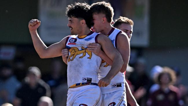 Josh D’Intinosante celebrates a goal for South Morang. Picture: Andy Brownbill