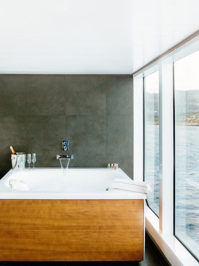 The ship’s Wintergarden Suite has a glass-enclosed terrace with whirlpool tub. Picture: Elise Hassey