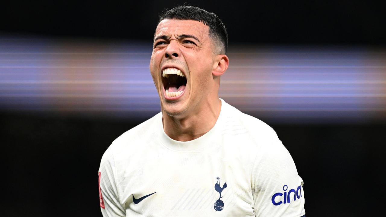 LONDON, ENGLAND - JANUARY 05: Pedro Porro of Tottenham Hotspur celebrates after scoring their team's first goal during the Emirates FA Cup Third Round match between Tottenham Hotspur and Burnley at Tottenham Hotspur Stadium on January 05, 2024 in London, England. (Photo by Shaun Botterill/Getty Images)