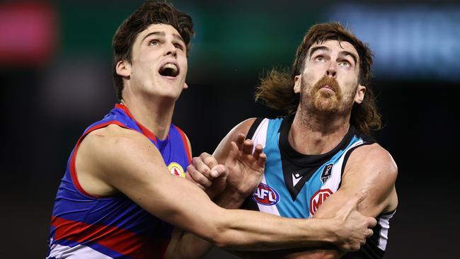 Lewis Young did the bulk of the ruck work against Port Adelaide.