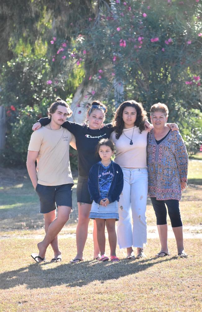 Bailey Pini‘s brother Jerricho, sister Troydon, cousin Natasha, aunty Donna, and niece Renezmay. Picture: Kirra Grimes